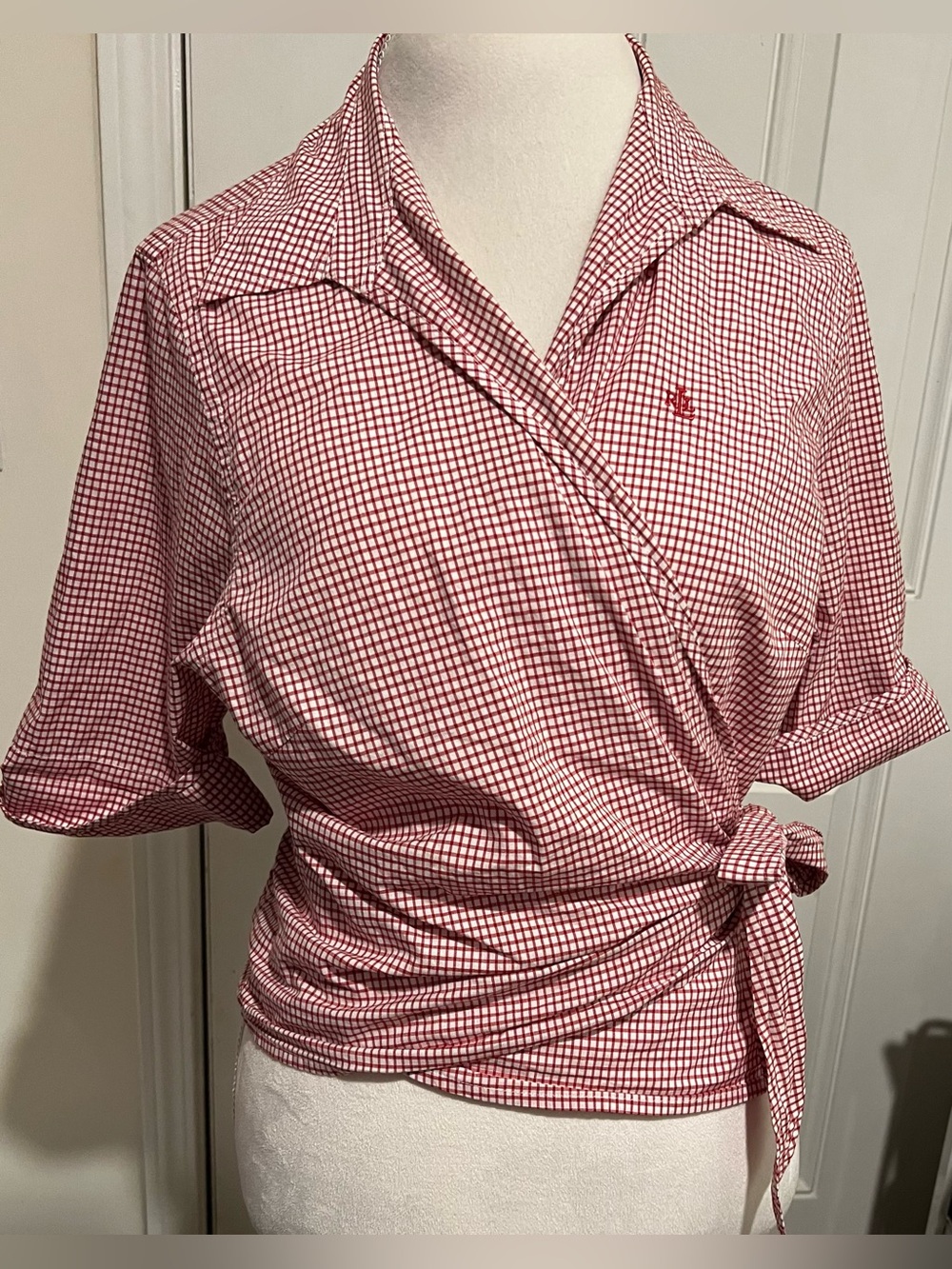 Lauren Ralph Lauren Women 2X Red Gingham Tie Front Short Sleeve Shirt Logo